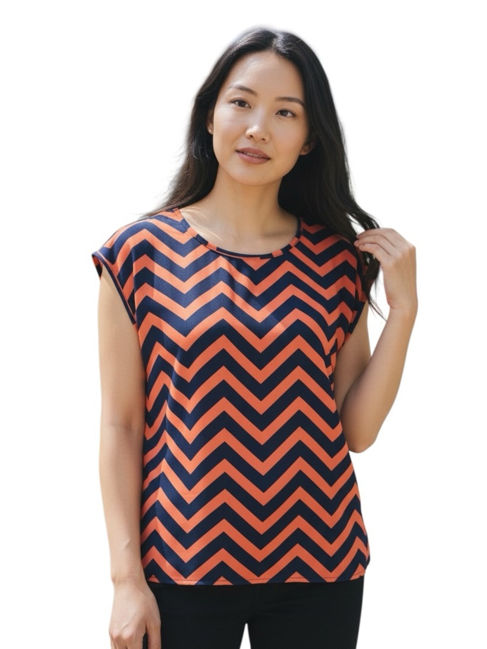 HeartSoul Chevron Cap Sleeve Top - Orange & Navy Size Medium